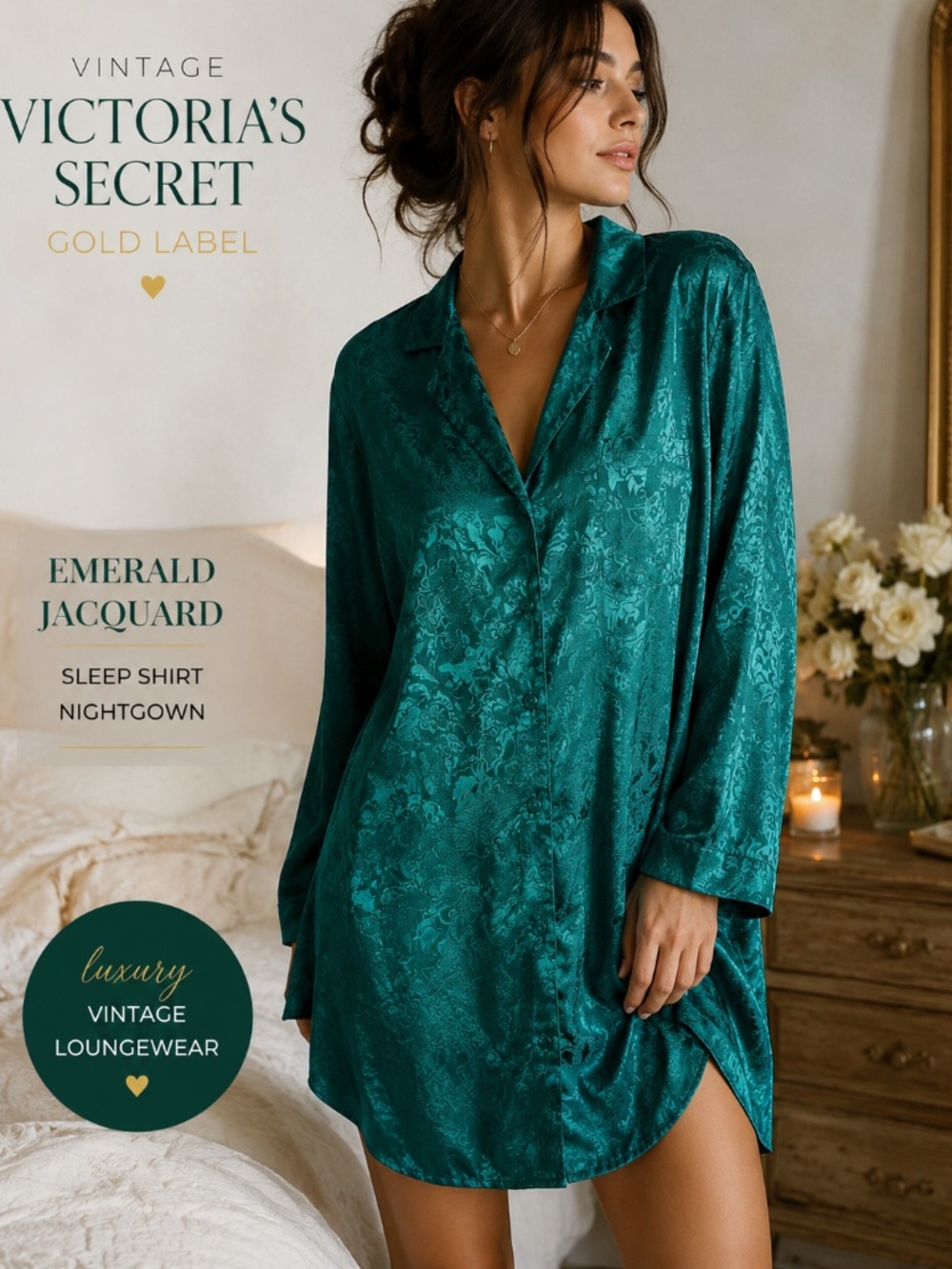 Vintage Victoria’s Secret Gold Label Emerald Green Floral Jacquard Sleep Shirt